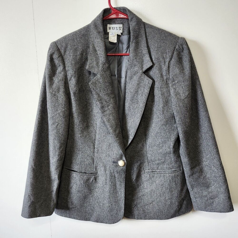 Vintage Russ Togs Wool Blend Blazer Gray Single Button USA Womens Sz 10